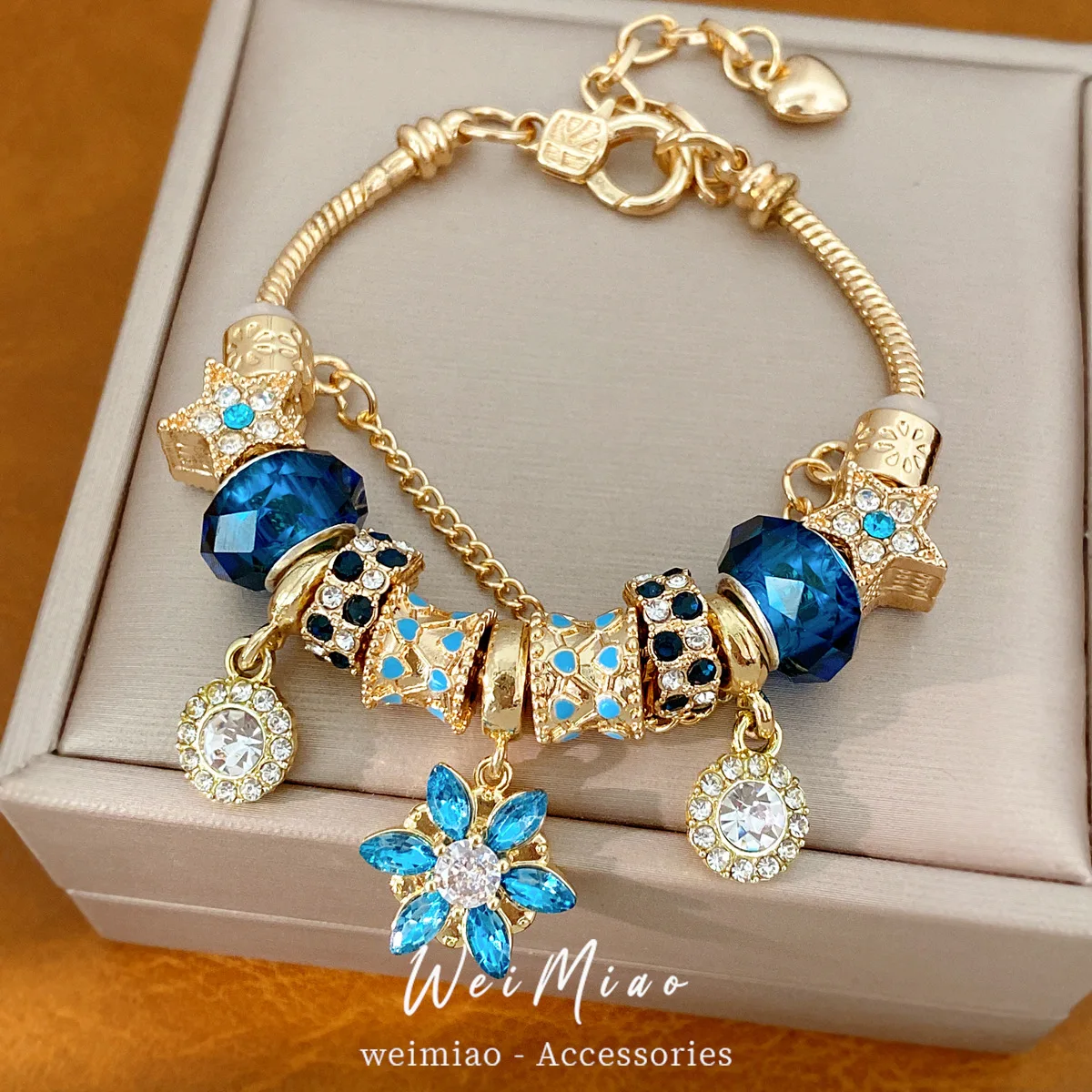 Deep Blue Faceted Glass Bead Charm Bracelet Featuring Golden Star Drops Floral Pendant Ornate Beaded Snake Chain Wristband Girl