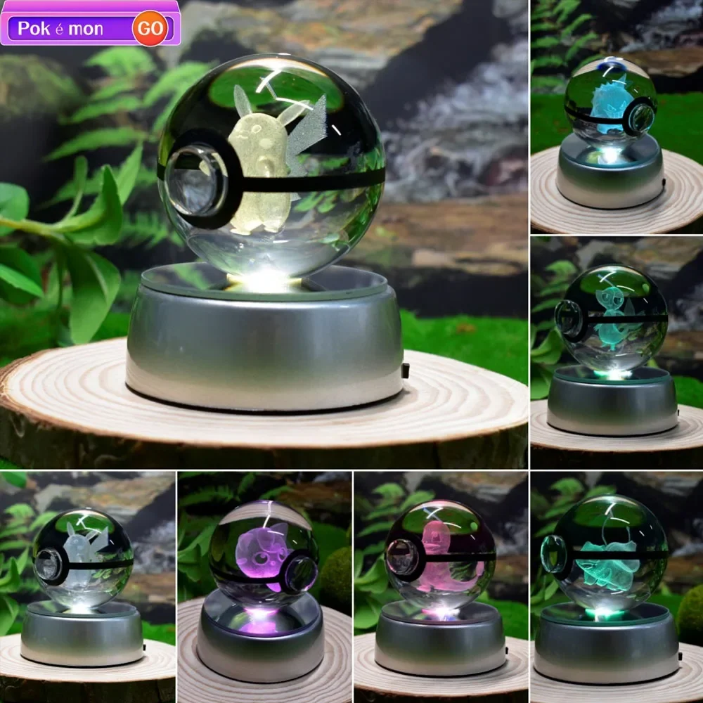 3D Crystal Ball Pokemon Figure Engraving Pikachu Charizard Gengar With LED Light Base Anime Glass Ball Child Christmas Gift Toy