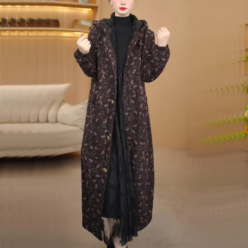 Novo 2025 casaco de trincheira feminino mais veludo grosso outono inverno longo impressão com capuz blusão jaqueta casual manter quente casaco longo