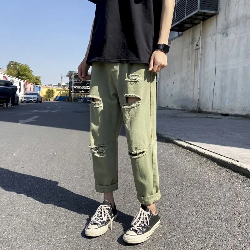 

Foufurieux Japanese Trend New Men's Ripped Hole Jeans White Green Black Ankle Length Youth Fashion Denim Harem Cargo Pants Men