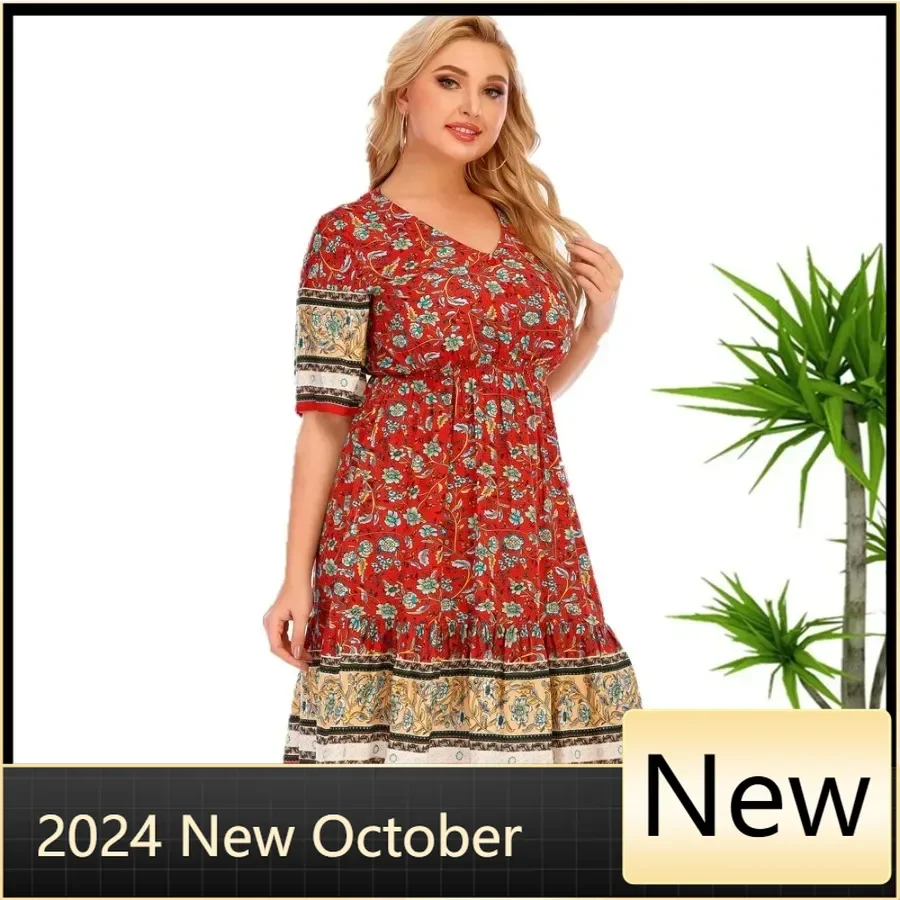 Plus Size Floral Print Short Sleeve Maxi Viscose Dresses For Women