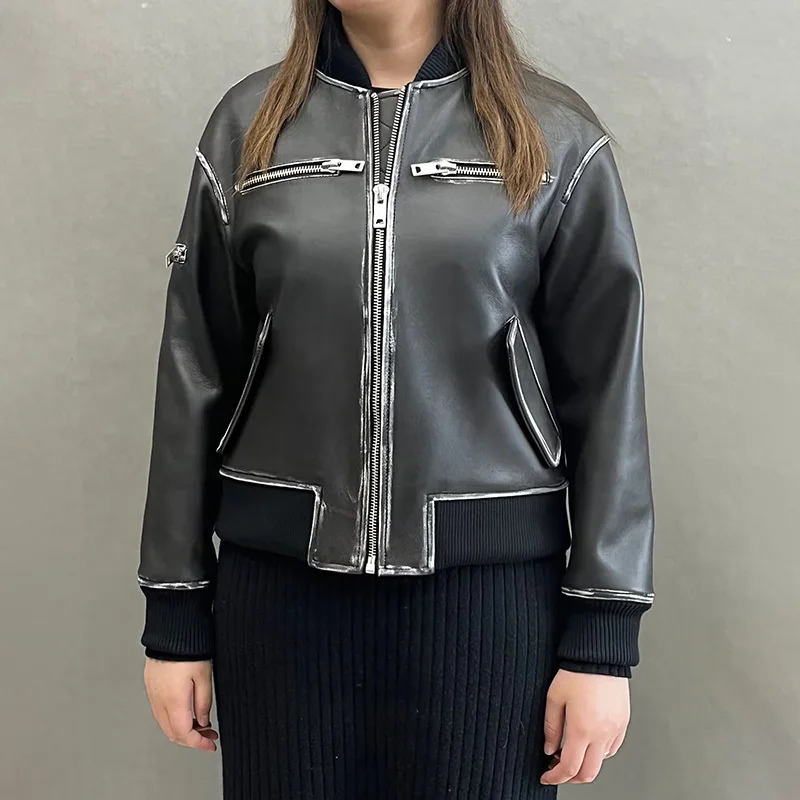 

New 2023 Real Leather Bomber Jacket Lady Fashion Streetwear Leather Jacket Distress Moto Biker Jacket Women Genuine Leather Coat