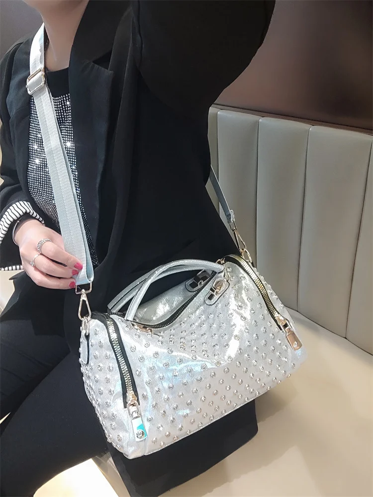 Кожаные женские сумки, модная бостонская большая вместительная сумка через плечо с заклепками, роскошная дизайнерская сумка-мессенджер Ita Bag