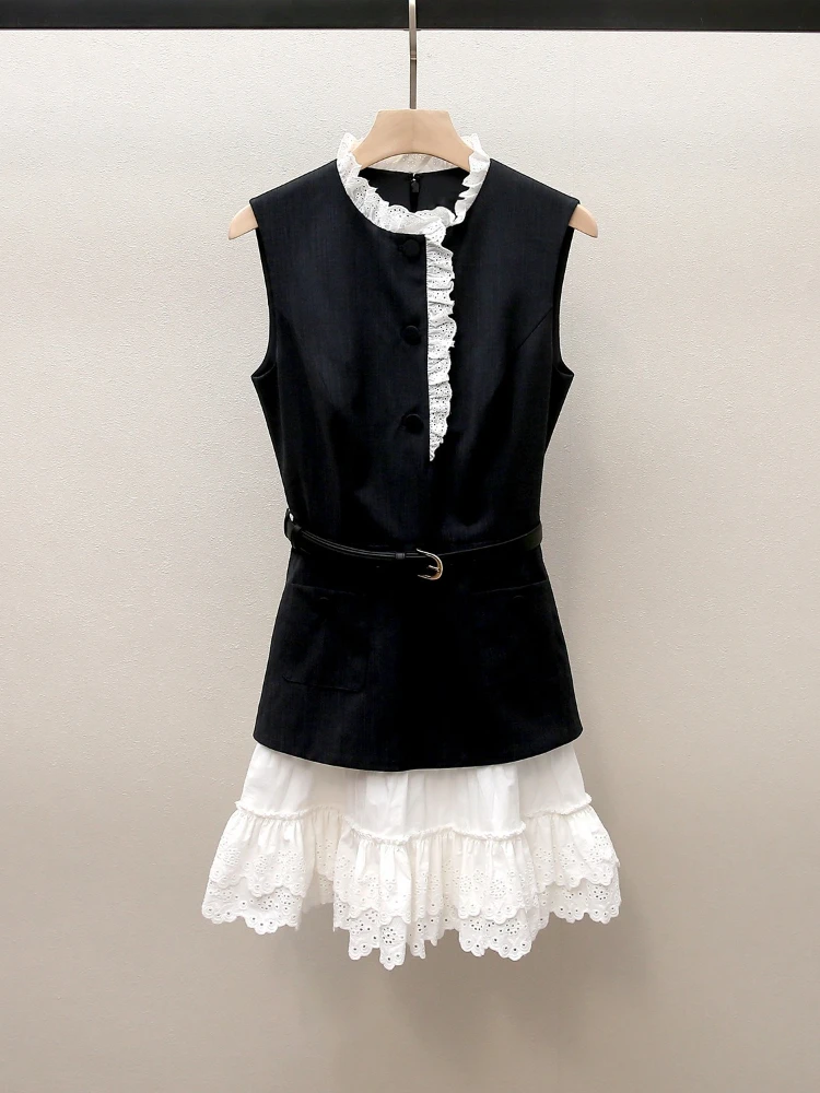 High End Women's 2026 Spring/summer French Elegant Temperament Design Sense Patchwork Lace Vest Dress