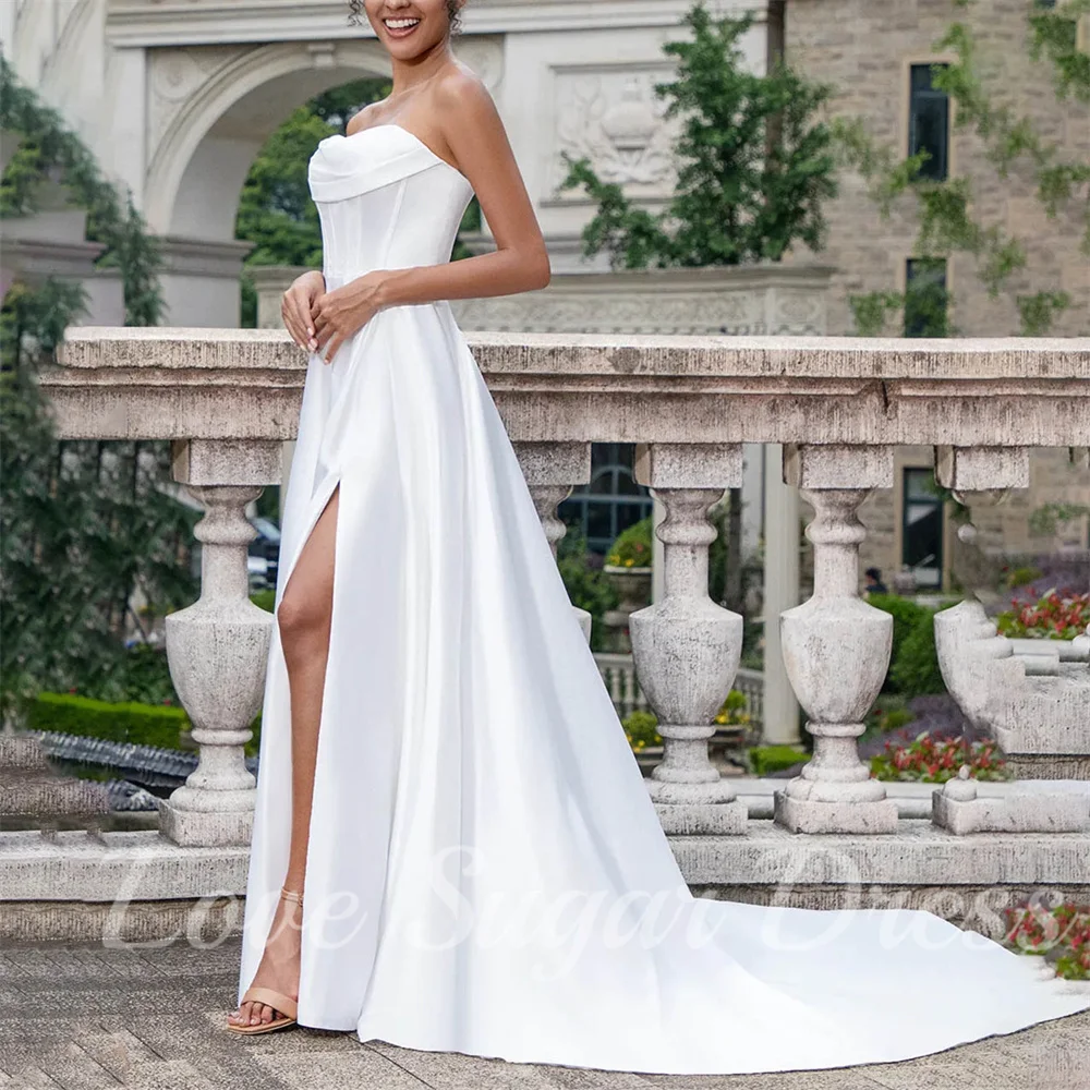 Simples uma linha vestidos de casamento cetim querida pescoço vestidos de noiva sexy fenda longo vestido de noiva personalizado para mujer