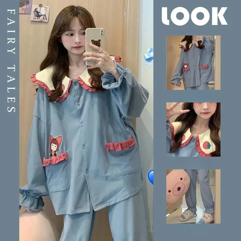 

2024 New Korean Version Oversized Pajamas Cute Cartoon Pyjamas Spring Autumn Long Sleeve Nightdress Doll Collar Lace Home Dress