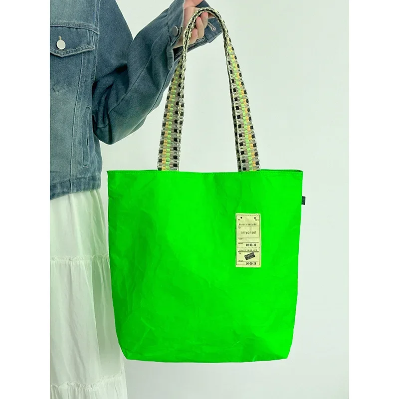 Classic National Style Nylon Waterproof Tote Bag Bright Colour Green Fresh Large Shopping Bag Contrast Color Strap Shoulder Bag