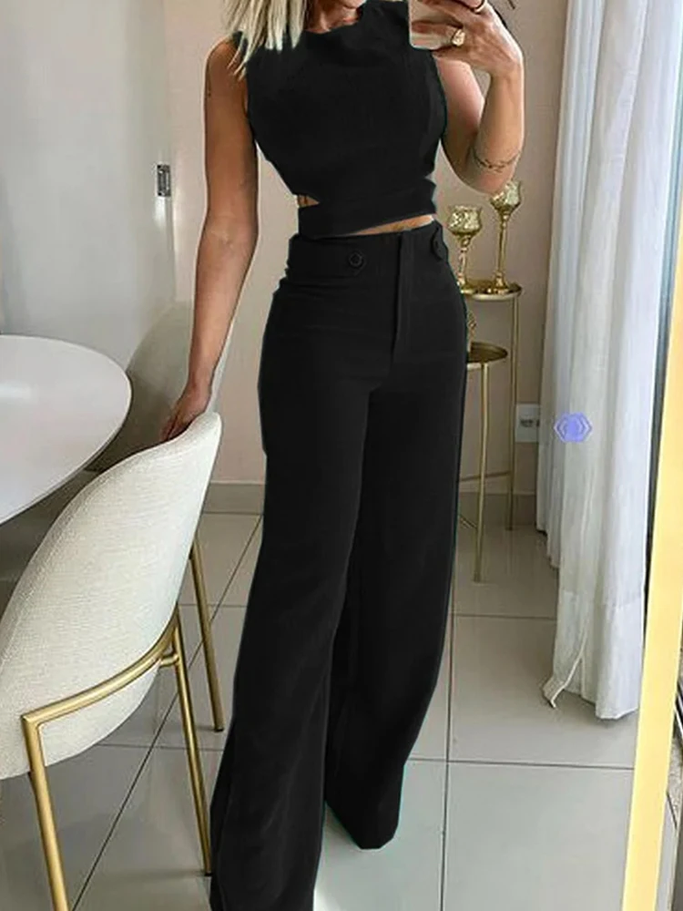 D​rauuing  2 Pieces Sets Women Sleeveless Top And Wide Leg Pant Women Outfits Slim Solid Casual Fashion Pant Sets Elegant