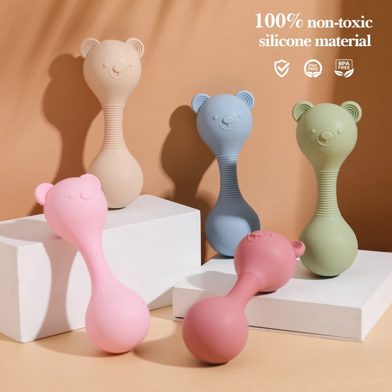 1PC Baby Silicone Maracas Toys Animal Cartoon Bear Sand Hammer Rattles Toys Newborn Rattles BPA Free Silicone Teether Toys Gifts