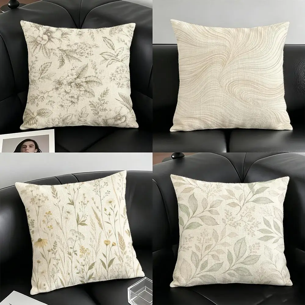 Warm Toned Mixed Plants Cushion Cover Natural Linen Organic Fabric Double-Sided Printing Breathable For Home Decor