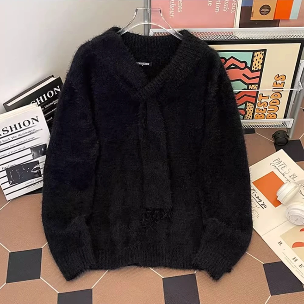 Maglieria tagliente oversize attaccata con sciarpa da uomo autunno inverno pelliccia di visone maglione con scollo a V soffice maglione streetwear invecchiato pullover