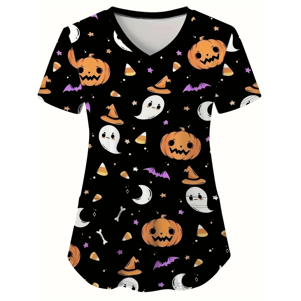 Haut d'Halloween à manches courtes et col en V, joli style uniforme d'infirmière imprimé citrouille avec poches plaquées, chemise décontractée confortable pour femmes