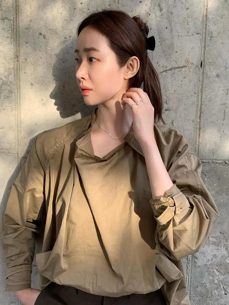 

Loose Long Sve irt Asymmetric Design Casual Women's Faionable Button Waist Cinching Multi-Way Wear Cotton Blend