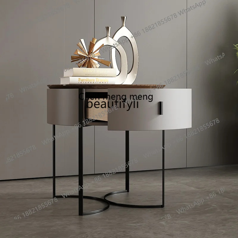 D178 Minimalist Round Solid Wood Modern Simple Walnut Bedside Table with Lacquered Hardware and High Legs Storage Cabinet