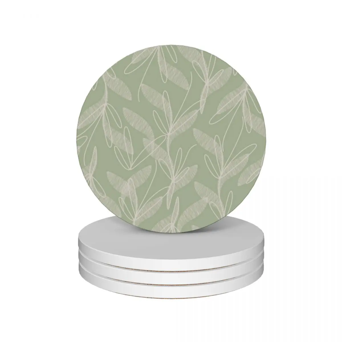 

Etched Leaves Floral Botanical Pattern in Sage Green and Beige Ceramic Coasters (Set of 4) mug mat christmas tea tile Coasters