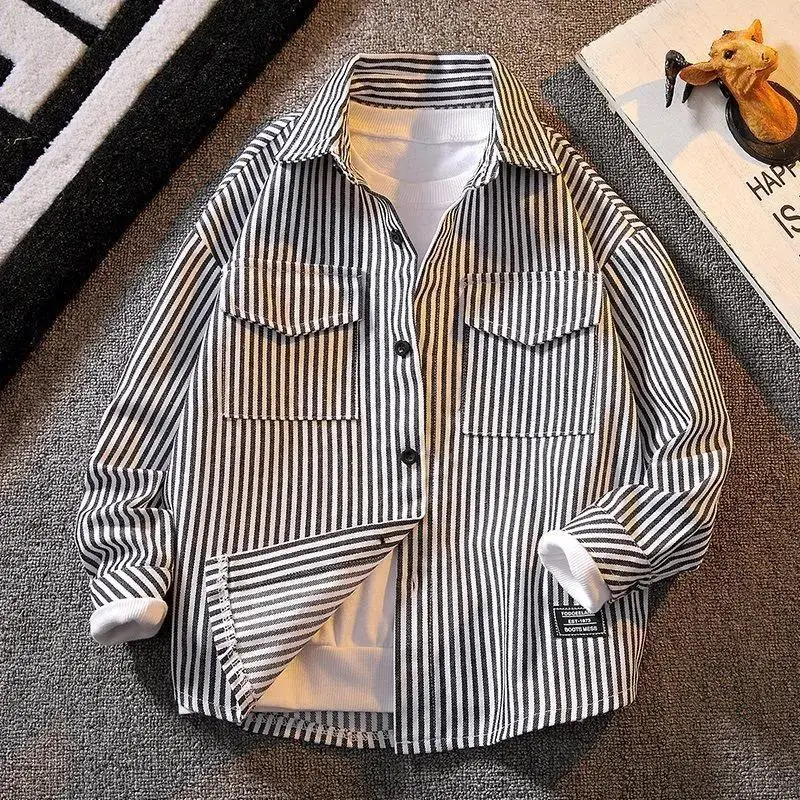 

Boys Clothing 2023 New Spring Trend Handsome Thin Long Sleeve Lapel Striped Printed Single-breasted Spliced Pocket Tops Shirt