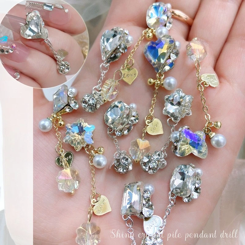 1Pc Popular Crystal Stacked Nail Charms Sparkly Tassel Slant Heart Square Chain Rhinestones DIY Manicure Decor Ornaments