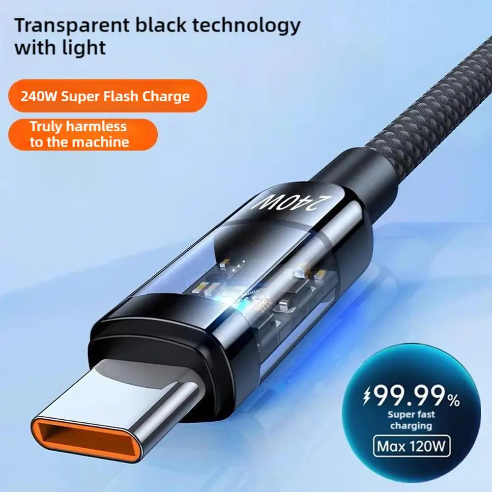 240W Type-C Fast Charging Cable 10A Transparent Braided High Speed Charger For Huawei Honor Cord 2026 New 25/150/200cm
