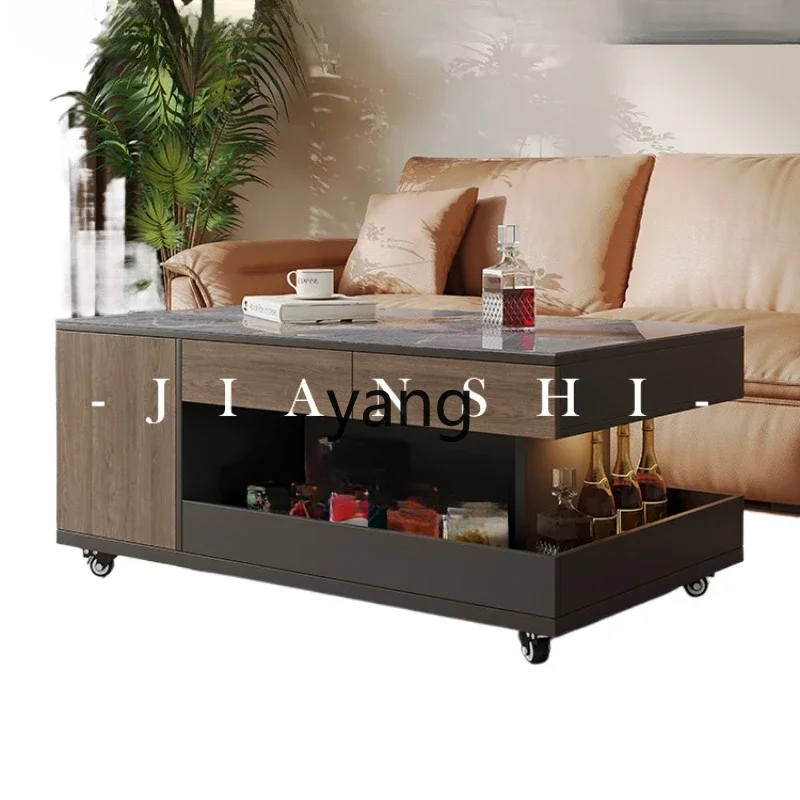 LH rock slab mobile coffee table living room household solid wood pulley medieval walnut coffee table