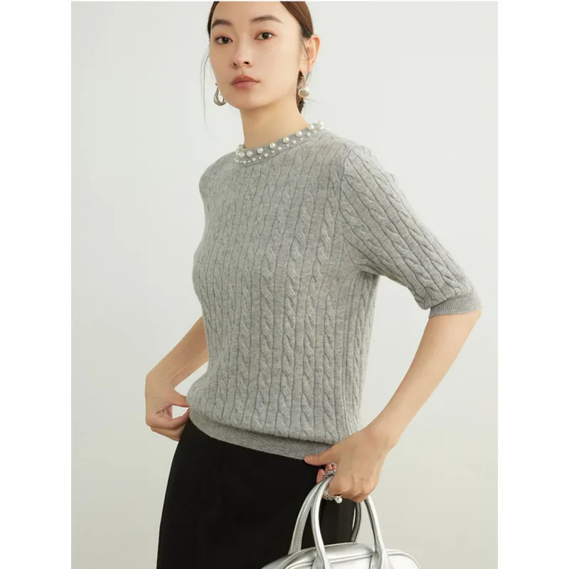 Handmade Beaded Pure Wool Sweater Women Autumn Dough Twists Round Neck Short Sleeve Sweater