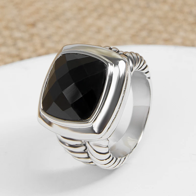 

14mm Cushion Cut Black Onyx Bezel Set Statement Ring for Women Trendy White Gold Plated Brass Solitaire Ring Jewlery Gifts