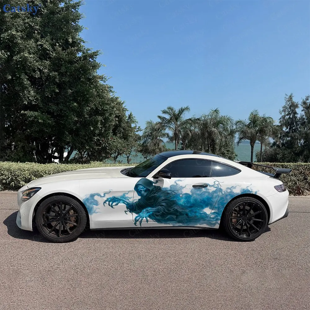 2pcs Icy Blue Reaper Splatter Car Side Wraps, Self-Adhesive PVC Waterproof & Scratch-Resistant Stickers, Car Accessory Gift