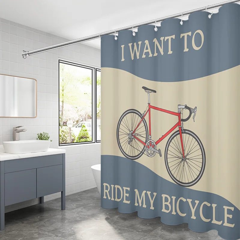Vintage Red Bicycle Shower Curtain, I Want To Ride My Bike Quote Bathroom Decor, Waterproof Polyester Fabric Bath Screen with