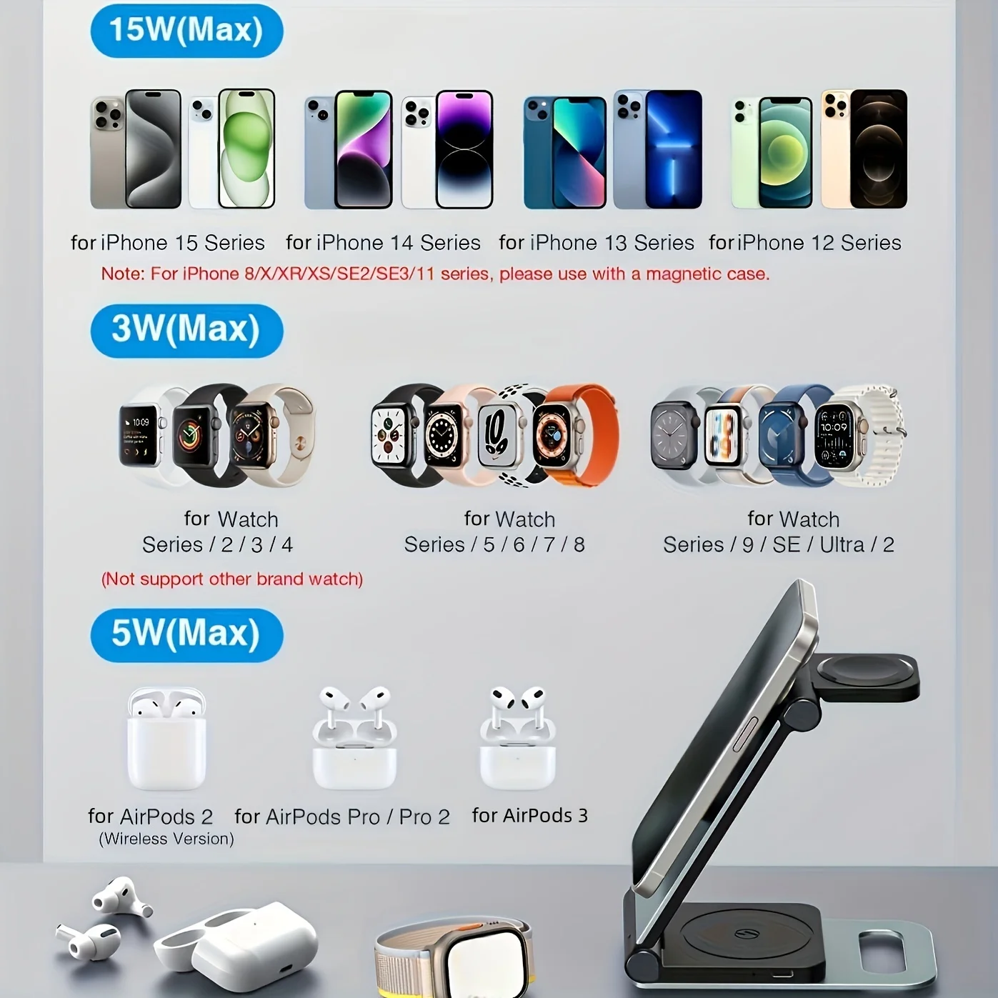 حامل سطح المكتب للشحن اللاسلكي 3 في 1 من سبائك الألومنيوم قابل للطي لهواتف Apple المغناطيسية وسماعات الأذن والساعات #5