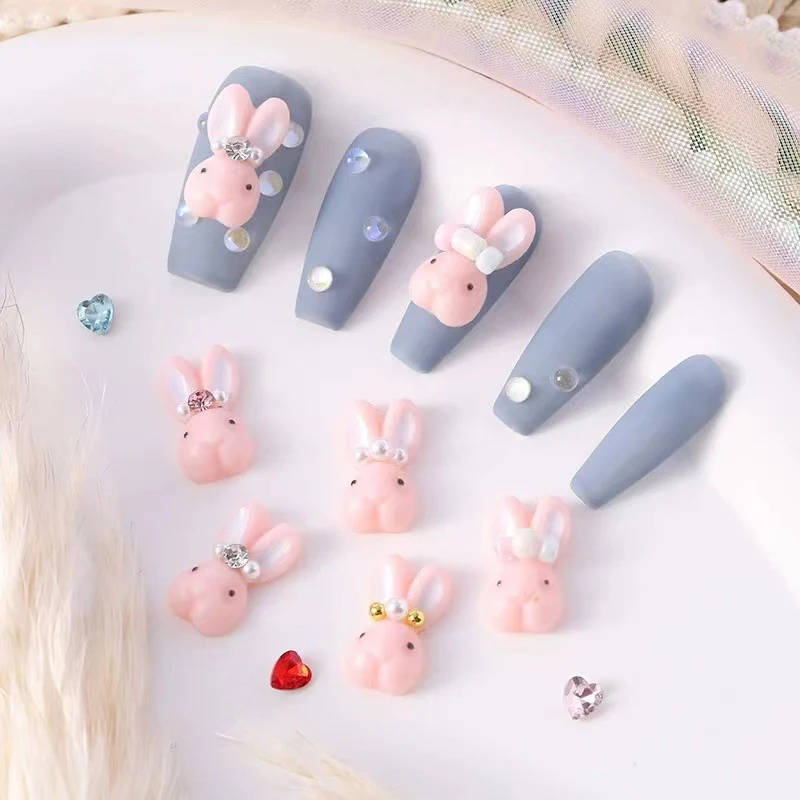 4 Pcs Rabbits Nails Accessories Mini Bunny Pearl Drill Nail Charms 3d Kawaii Resin Ornaments For Manicure Diy Decorations