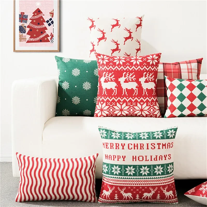 Snowman Deer Cushion Cover Red and Green Throw Pillowcase Sofa Merry Christmas Decorations For Home fundas cojines