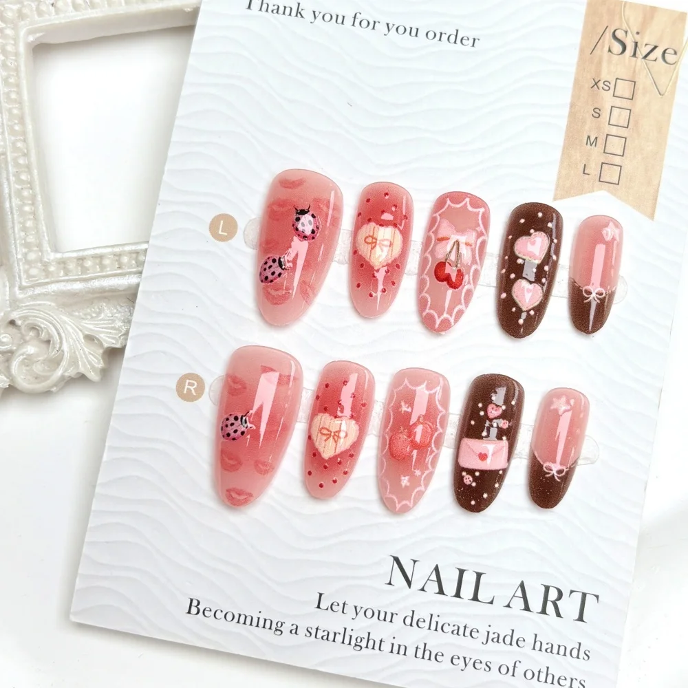 

24pcs Sweet Almond Press on Nails y2k Fruit Bow Print False Nail Tips Wearable Spicy Girl Sweet Cool 2D Pattern Fake Nails