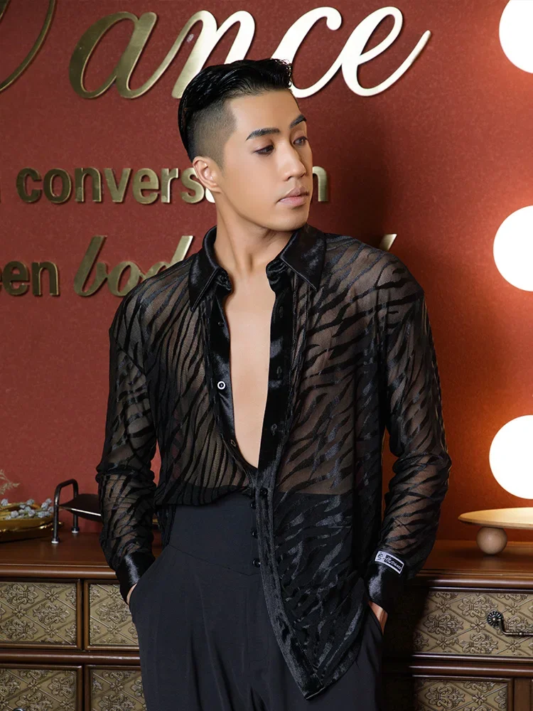 ใหม่Latin Dance TopsสําหรับชายZebraรูปแบบตาข่ายเสื้อแขนยาวชายละตินฝึกเสื้อผ้าRumab Latin Danceเสื้อผ้าDQS8610