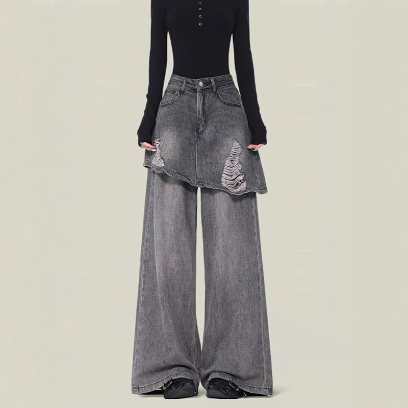 Streetwear Vintage Denim Jeans Women High Street Fake Layer Skirt Panel Jeans Spring Autumn Retro Casual Loose Wide Leg Jeans