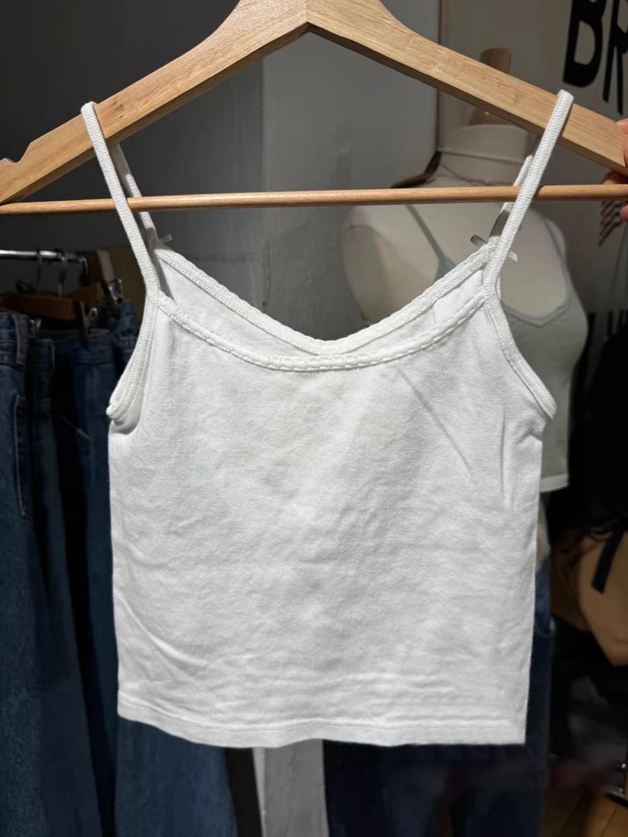 Bows White Lace Trim Slim Crop Top Women Sexy V Neck Cotton Sleeveless Cropped Camisole Vintage Solid Summer Sweet Tank Tops Y2k