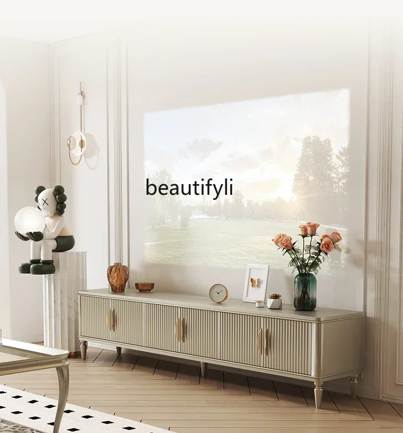 

cqySolid wood TV cabinet Light luxury living room Small apartment locker Household white American floor cabinet