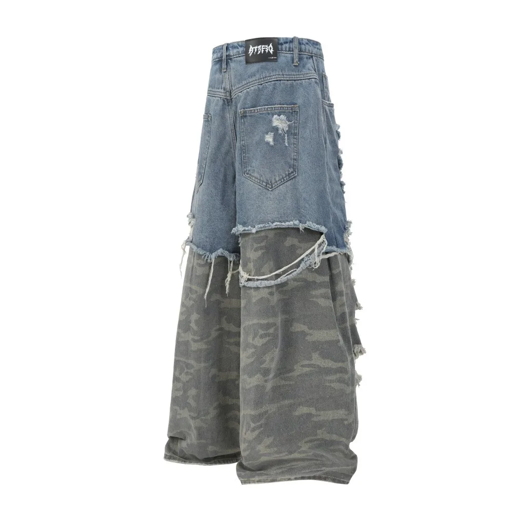 High Street Heavy Industry Piercing Splicing Jeans Pants Men's Camouflage Wide Leg Floor Pants Retro Hairy Workwear Pants