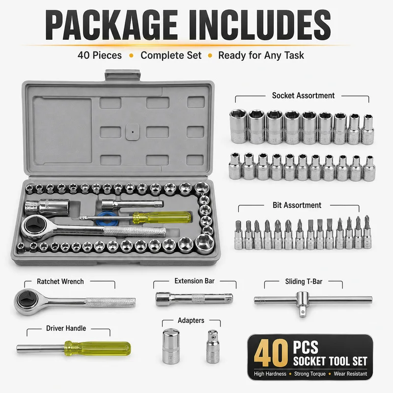 40-Piece Combination Socket Set for Automotive & Motorcycle Mechanics with 26 Piece Sockets And Wrench Tool Bag Toolbox 2026