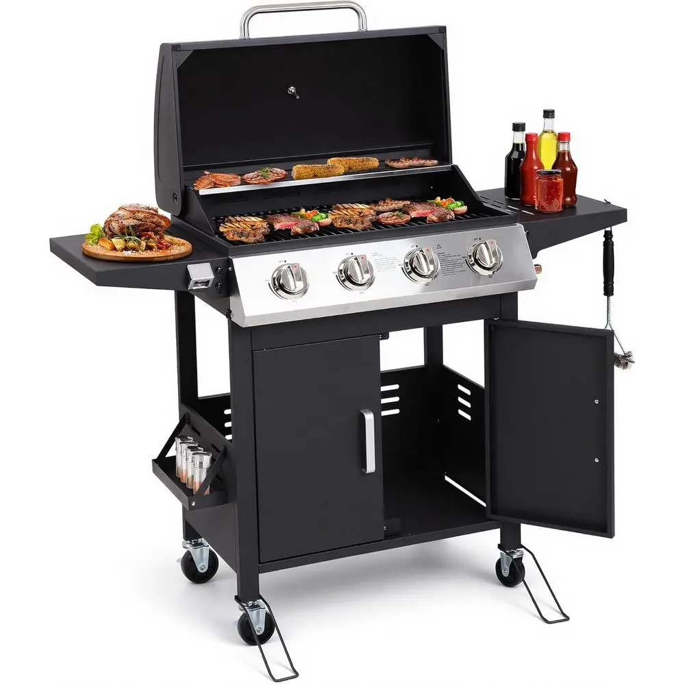 

40,000 BTU Propane Gas Grill with Foldable Side Tables, Spice Rack, and Wheels for Outdoor Cooking