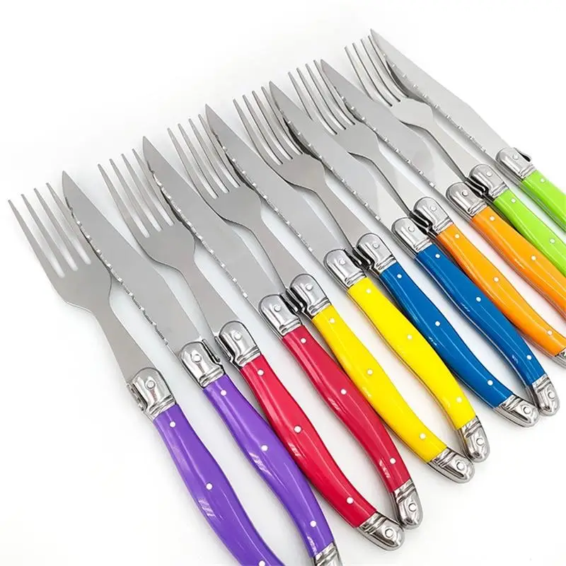 4-24pcs Rainbow Laguiole Cutlery Colorful Plastic Handle Tableware Black Steak knife Fork spoon Teaspoon Red Green Dinner set