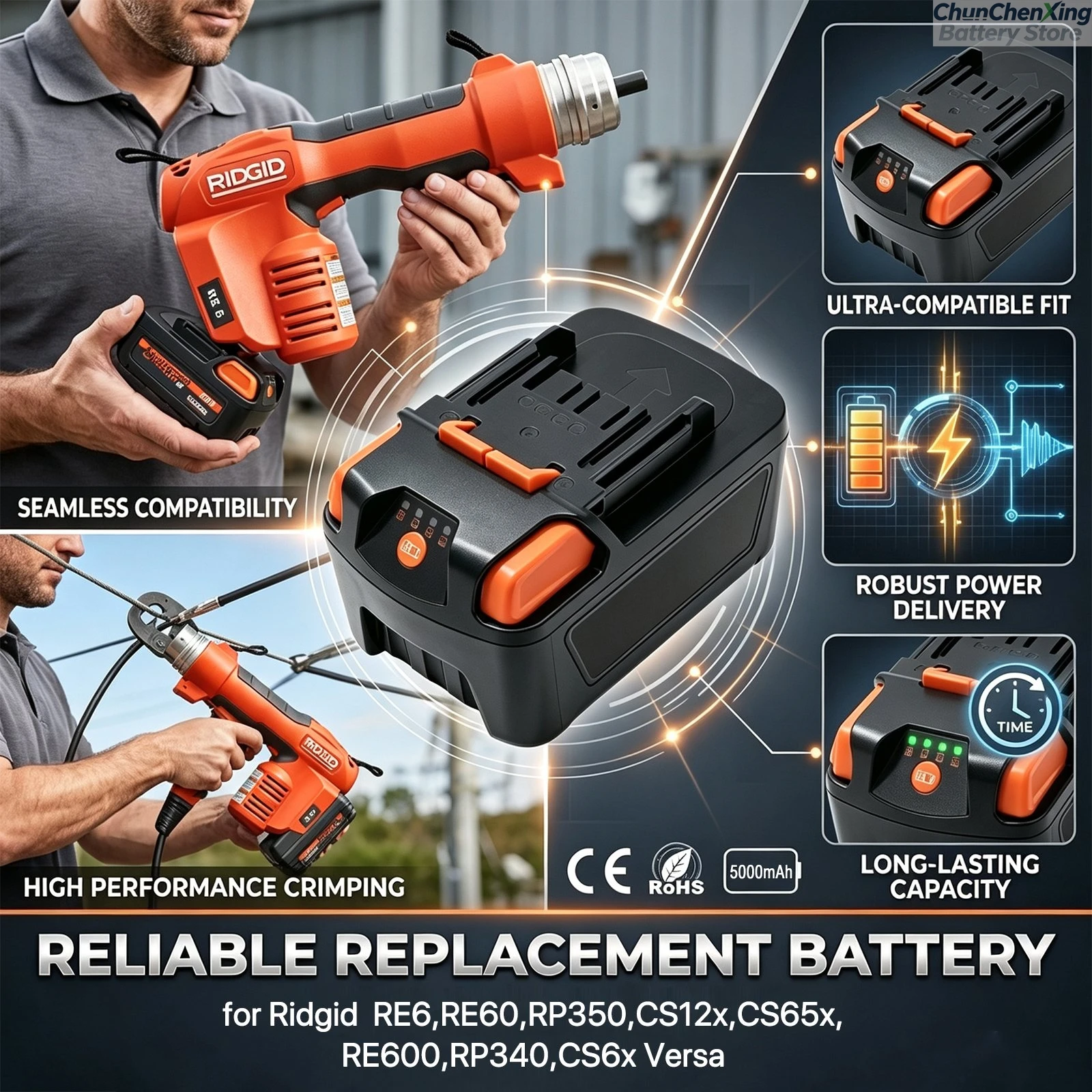 Batería de repuesto de 18,0 V y 5000 mAh para herramientas eléctricas, compatible con modelos Ridgid RE6, RE60, RP350, CS12x, CS65x, RE600, RP340, CS6x y Versa R56518, de la marca Cameron Sino.