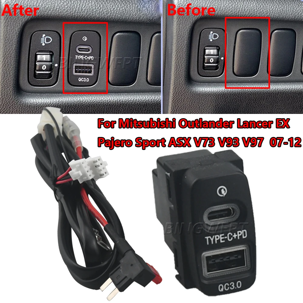 Car Charger QC3.0 USB TYPE-C PD Dual Phone Charge Interface Socket For Outlander Lancer EX Pajero Sport ASX V73 V93 V97 2007-12