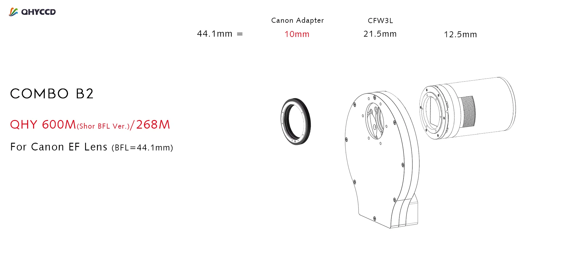 QHYCCD Adapter Kit B2 10mm M54 Canon EF Lens for QHY268/600 Short BFL CFW3L