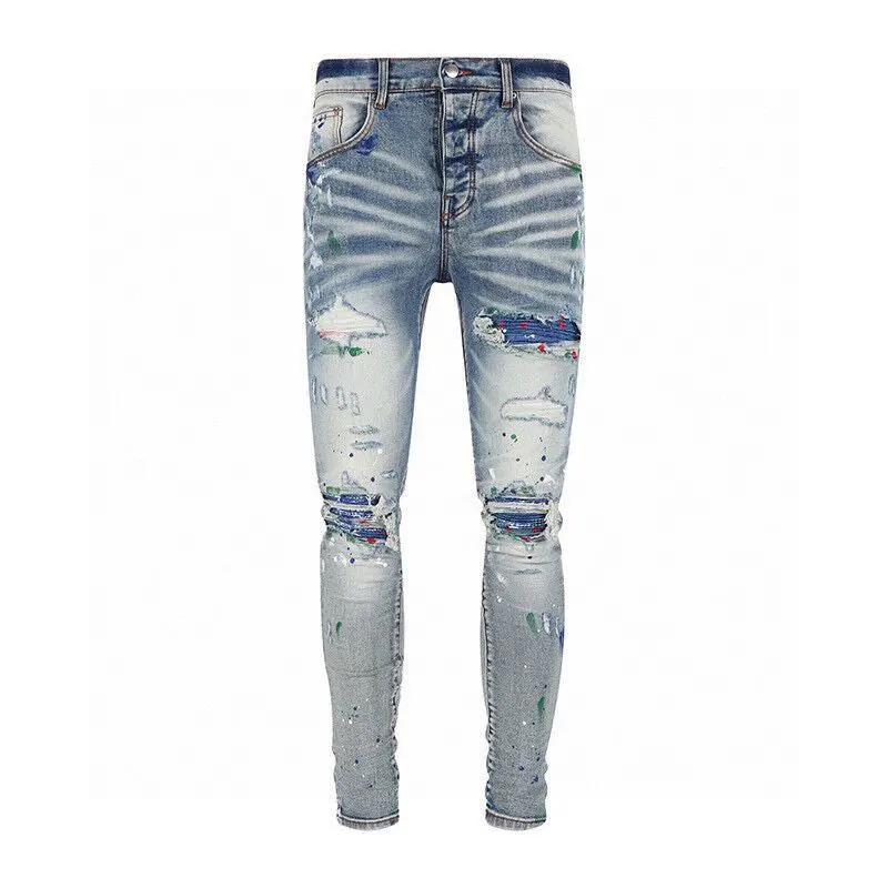 New designer fashion men's jeans spray painted with ripped patches, light blue elastic slim fit, street hip-hop brand pants Y2K