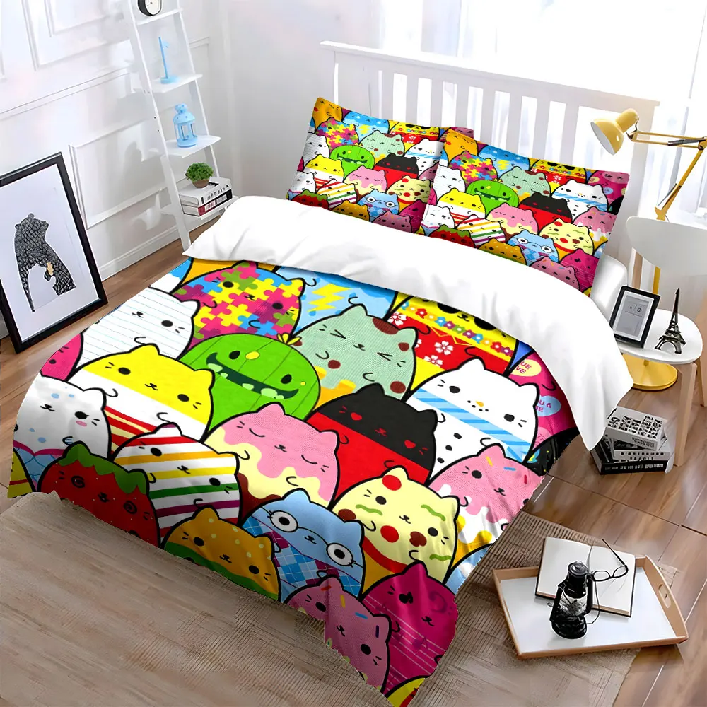 3Pcs Cute Multi-pattern Chubby Cat Bedding Set, Kawaii Cartoon Kitty Repeat Print Duvet Cover 2 Pillowcases King Queen, Gift