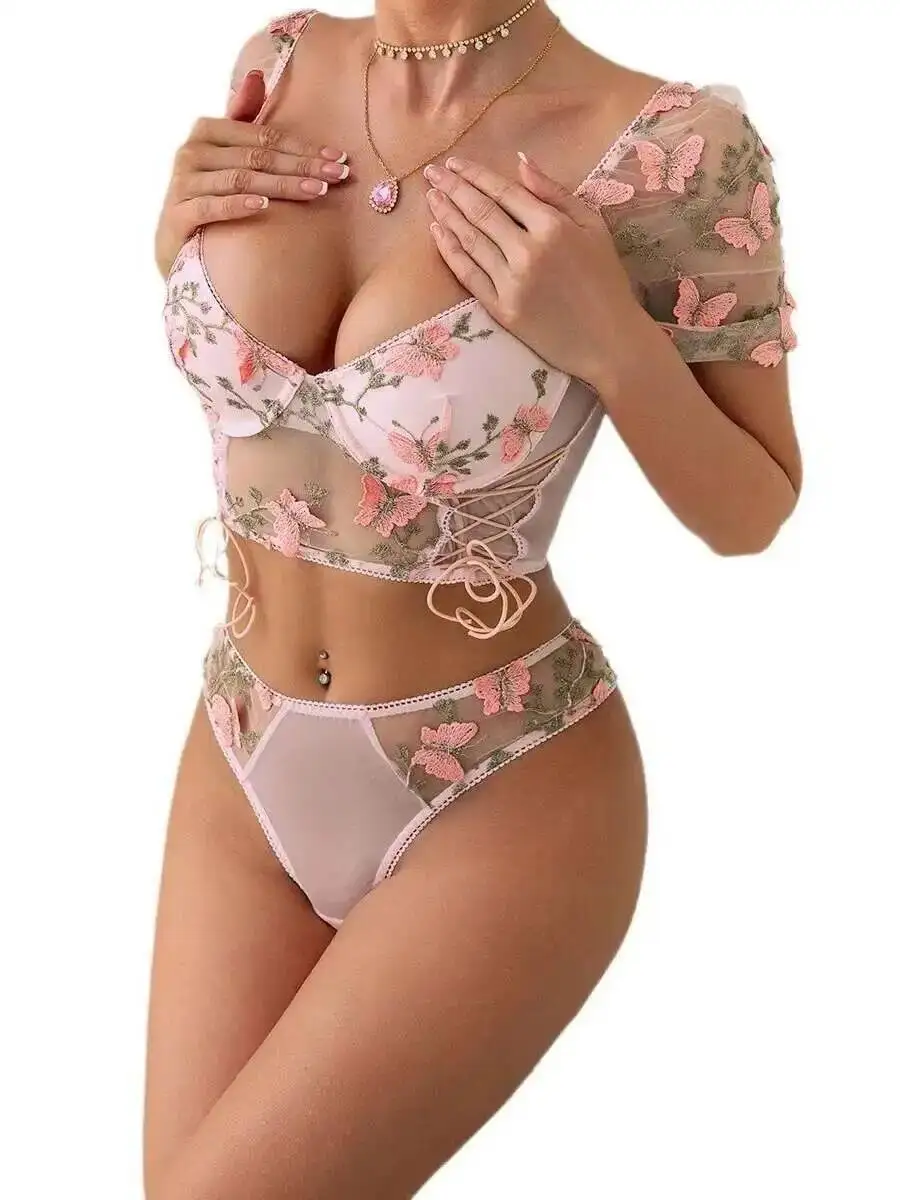 Heißer Verkauf Mädchen Rosa Schmetterling Blume Stickerei Blase Kurzarm Transparent Bodys Tiefe V Charming Casual Dünne GXQN