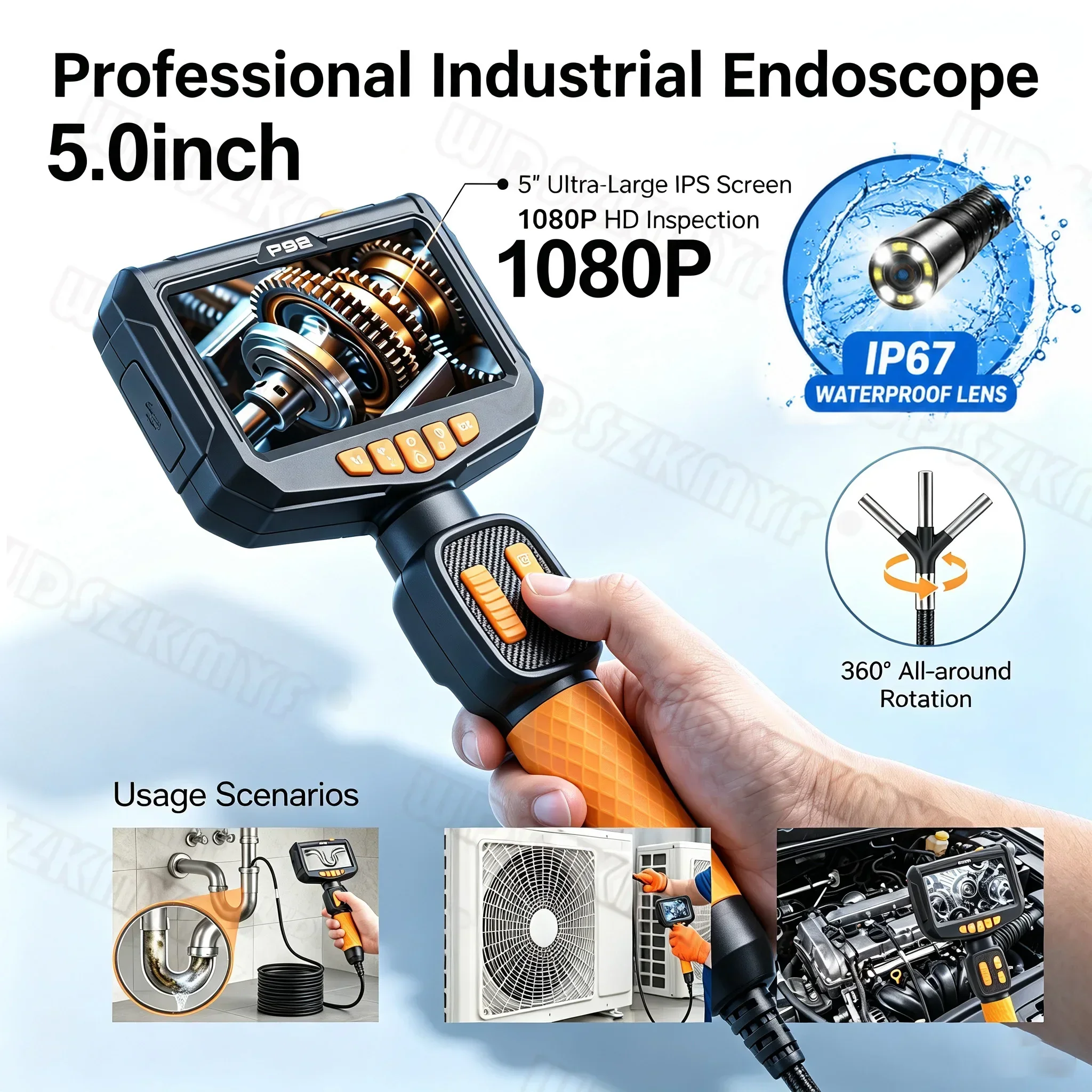 360° Articulating Industrial Piping Endoscope Camera 1080P 5inch  Borescope Inspection Snake Camera for Automotive Inspection