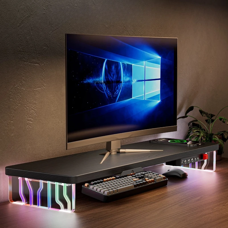 RGB Monitor Riser Stand USB Docking Station Esports Room Monitors Bracket Wood Office Desktop Computer Support Monitor Organizer