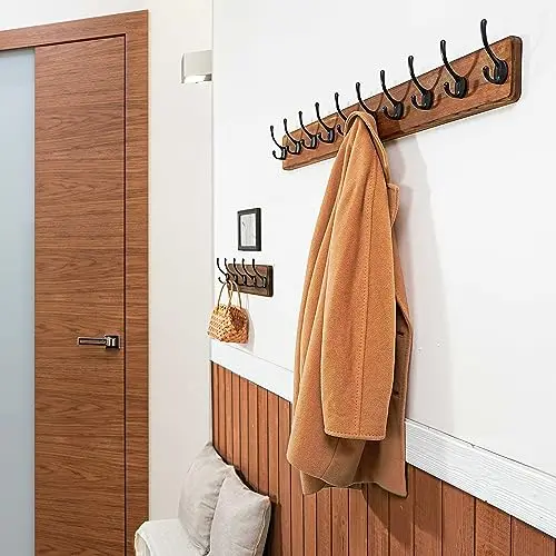 

Solid Wood Wall-Mounted Coat Rack With Ten Black Hooks For Jackets Hats And Scarves, Rustic Brown Finish