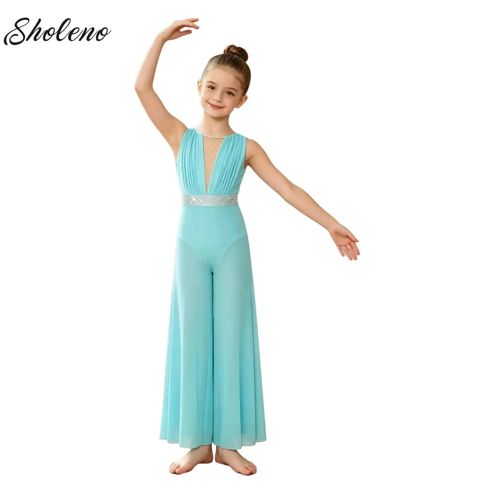 Acrobatics Gymnastics Jumpsuit for Girls Ballet Dance Bodysuit Sleeveless Ruched Mesh Wide-Leg Pants Romper Figure Skating Dress