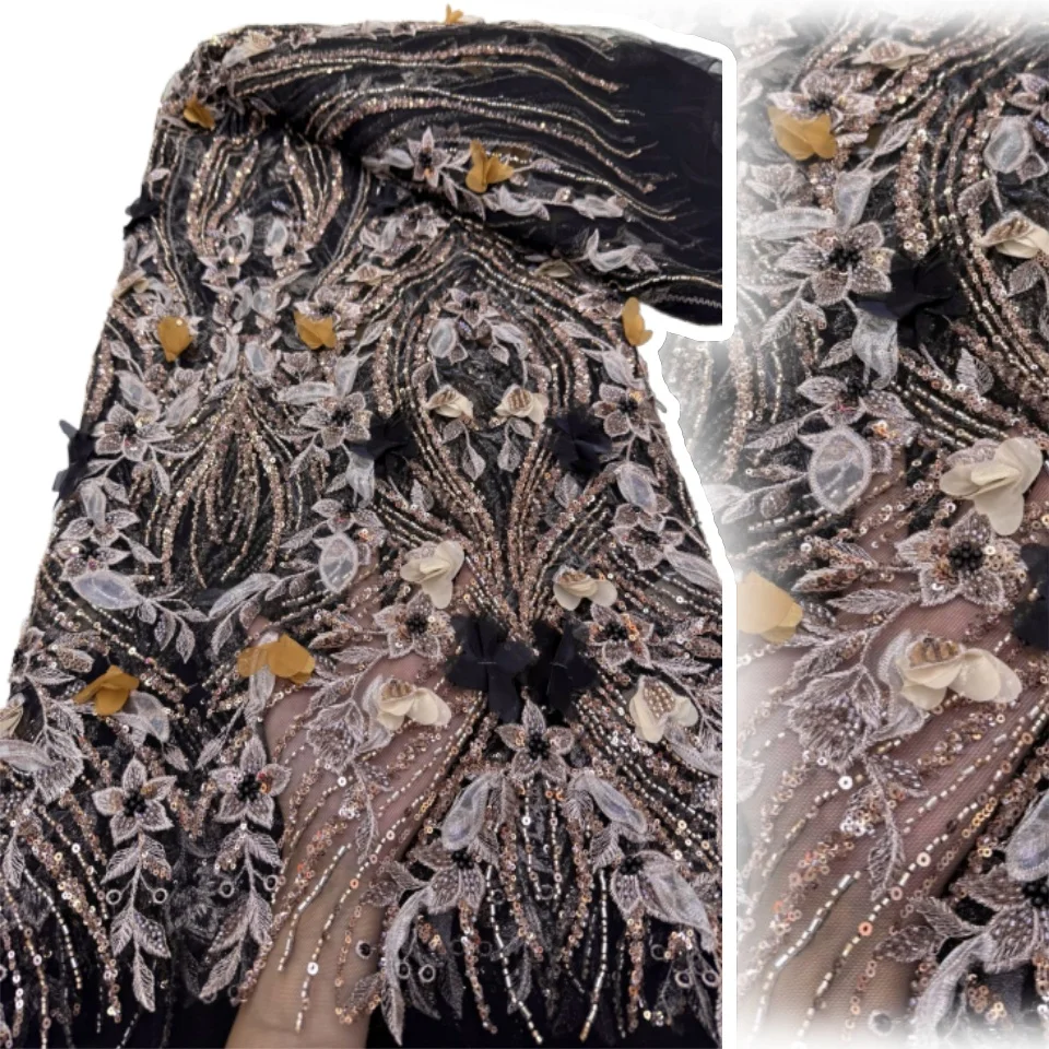 

2025 5 ярдов классическая ткань с 3D аппликацией, высокое качество, новейшее африканское тюлевое сетчатое кружево с бусинами и камнями для свадебного платья CC1256